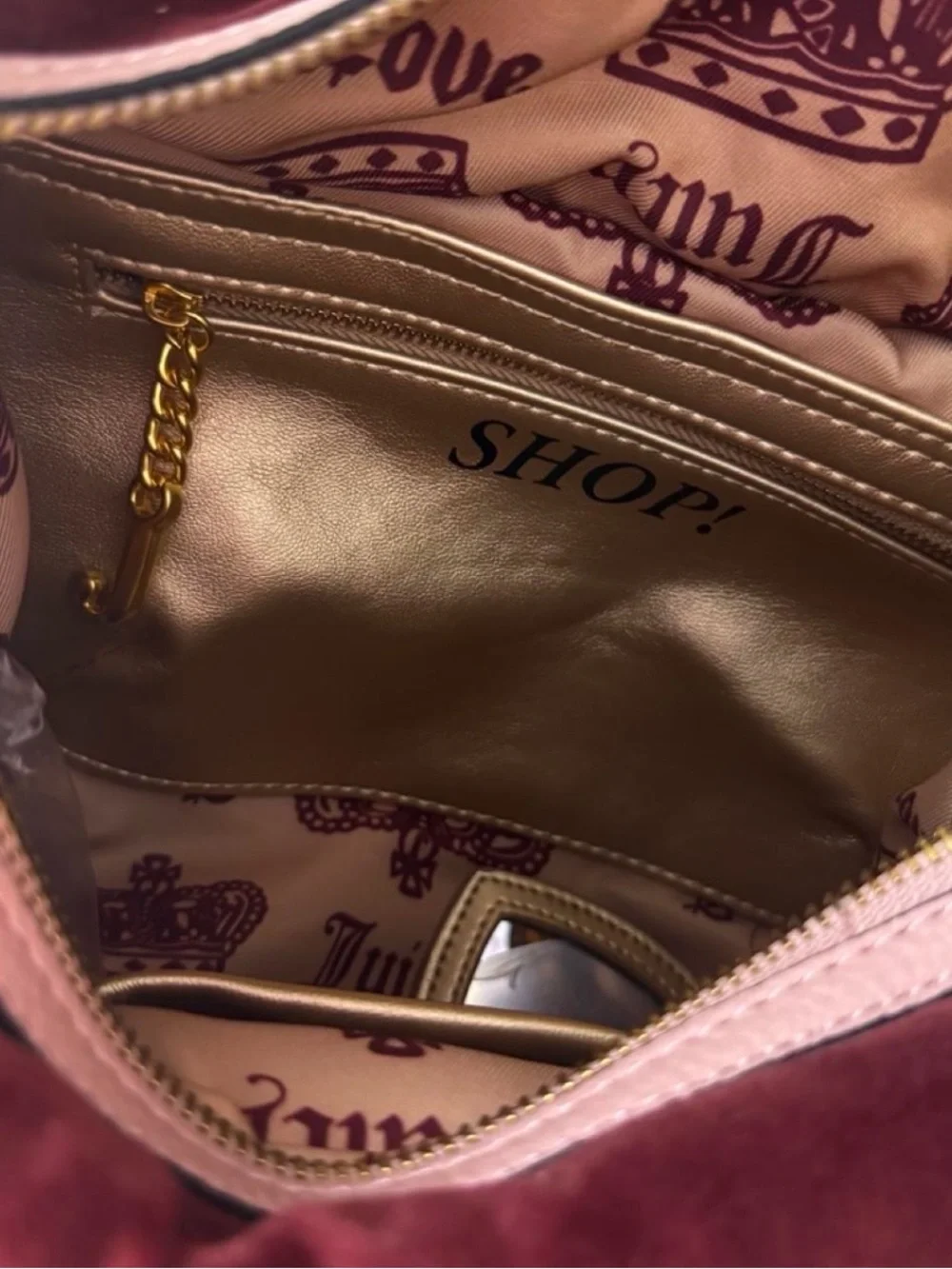 Juicy Couture Wine Velvet Hobo with Gold Heart Charm